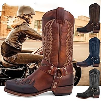 Women's Boots Combat Boots Cowboy Boots Plus Size Outdoor Daily Winter Embroidery Chunky Heel Square Toe Fashion Industrial Style PU Loafer Blue Brown khaki miniinthebox