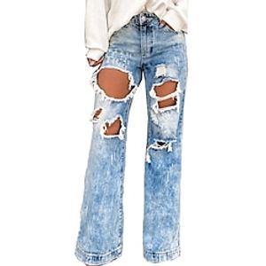 Women's Jeans Wide Leg Distressed Jeans Denim Blue Fashion Casual Weekend Wide Leg Cut Out Micro-elastic Full Length Comfort Plain S M L XL Lightinthebox