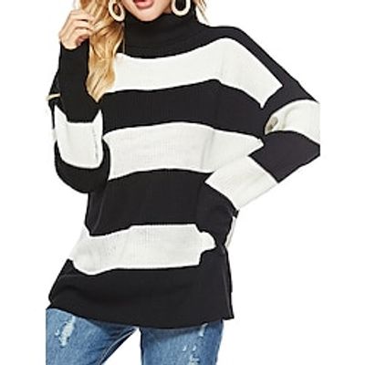 Women's Turtleneck Pullover Sweater Striped Ribbed Knit Regular Oversized Solid Color Stylish Casual Outdoor Daily Fall Winter Black and white stripes Red and blue stripes S M L Lightinthebox