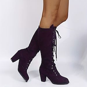 Women's Boots Suede Shoes Plus Size Lace Up Boots Daily Knee High Boots Winter Chunky Heel Round Toe Vintage Elegant Faux Suede Lace-up Black Blue Purple Lightinthebox