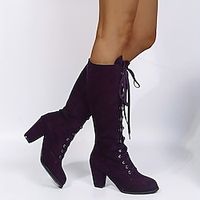 Women's Boots Suede Shoes Plus Size Lace Up Boots Daily Knee High Boots Winter Chunky Heel Round Toe Vintage Elegant Faux Suede Lace-up Black Blue Purple Lightinthebox - thumbnail