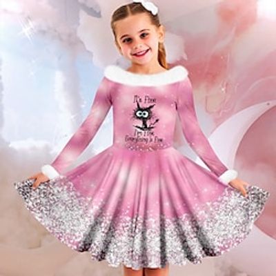 Girls' 3D Cat Letter Dress Pink Long Sleeve 3D Print Fall Winter Sports  Outdoor Daily Holiday Cute Casual Beautiful Kids 3-12 Years Casual Dress Swing Dress A Line Dress Above Knee Polyester Lightinthebox
