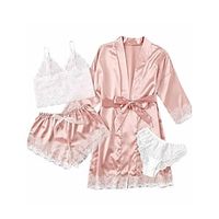 Women's Pajamas Silk Robe Sets Pure Color Comfort Home Valentine's Day Gift Satin Breathable V Wire Long Sleeve Robe Top Shorts Summer Spring Lotus Pink Black Lightinthebox - thumbnail