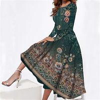 Women's Casual Dress Swing Dress Midi Dress Green Long Sleeve Floral Pocket Winter Fall Spring Crew Neck Fashion Daily Weekend 2022 S M L XL XXL 3XL Lightinthebox - thumbnail
