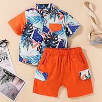 Kids Boys' Clothing Set 2 Pieces Short Sleeve Orange Print Leaf Print Indoor Outdoor Casual Daily Regular 2-6 Years miniinthebox - thumbnail