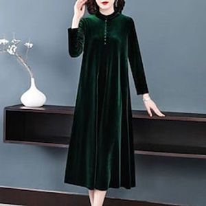 Women's Velvet Dress Green Midi Dress Green Long Sleeve Pure Color Button Winter Fall High Neck Elegant Fall Dress 2022 M L XL XXL 3XL Winter Dress Lightinthebox