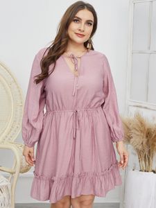 Plus Size V-neck Drawstring Tie-up Design Long Sleeves Mini Dress