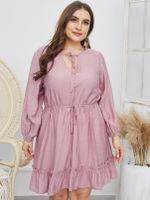Plus Size V-neck Drawstring Tie-up Design Long Sleeves Mini Dress - thumbnail
