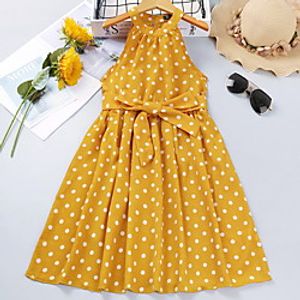 Kids Little Girls' Dress Polka Dot A Line Dress Sports  Outdoor Daily Ruched Lace up Yellow Knee-length Sleeveless Cute Sweet Dresses Spring Summer Regular Fit 4-12 Years Lightinthebox