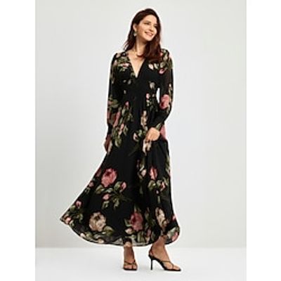 Women's Chiffon Dress A Line Dress Hem Maxi Floral Print Ruched V Neck Long Dress Maxi Dress Elegant A Line Wedding Holiday Date Loose Fit Black S M L Lightinthebox