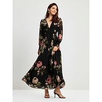 Women's Chiffon Dress A Line Dress Hem Maxi Floral Print Ruched V Neck Long Dress Maxi Dress Elegant A Line Wedding Holiday Date Loose Fit Black S M L Lightinthebox - thumbnail