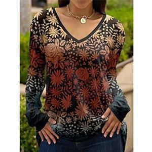 Women's T shirt Tee Red Floral Print Long Sleeve Holiday Weekend Fashion V Neck Regular Fit Floral Painting Spring   Fall miniinthebox