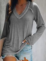 Pure Color Casual Long Sleeve Pullover Deep V Neck T-shirt