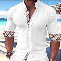 Men's Shirt Button Up Shirt Casual Shirt Summer Shirt Beach Shirt Black White Yellow Sky Blue Dark Grey Long Sleeve Plaid Color Block Band Collar Hawaiian Holiday Patchwork Clothing Apparel Fashion Lightinthebox