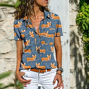Women's Holiday Blouse Shirt Floral Dog Animal Pocket Button Print Shirt Collar Tops Basic Streetwear Basic Top Black Blue Purple miniinthebox