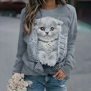 Women's Sweatshirt Pullover Basic Gray Cat Street Round Neck Plus Size Long Sleeve miniinthebox