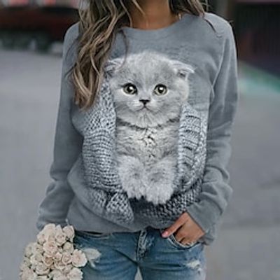 Women's Sweatshirt Pullover Basic Gray Cat Street Round Neck Plus Size Long Sleeve miniinthebox Women's Sweatshirt Pullover Basic Gray Cat Street Round Neck Plus Size Long Sleeve miniinthebox