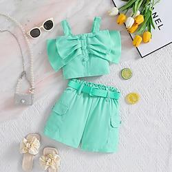 2 Pieces Toddler Girls' Solid Color Halter Tank Top Shorts Set Set Sleeveless Daily Outdoor Cotton 3-7 Years Summer Green Lightinthebox