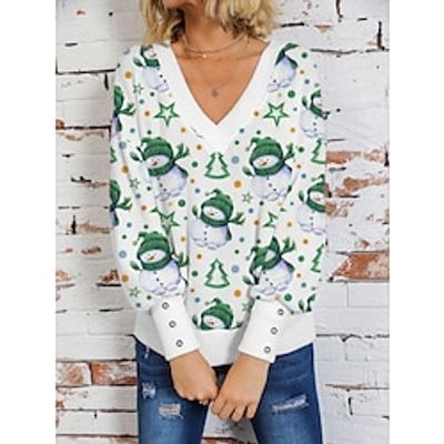 Women's Pullover Sweater Jumper V Neck Crochet Knit Print Drop Shoulder Fall Winter Regular Christmas Stylish Casual Soft Long Sleeve Snowman Light Green Red S M L Lightinthebox