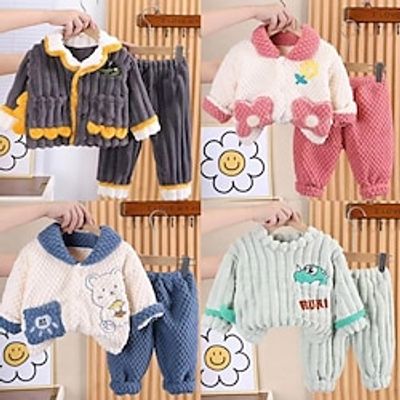 Toddler Girls' Pajama Set Long Sleeve Xiaohua grain velvet pajamas set pink Round Neck Dinosaur Pullover Pajamas Blue Bear cardigan pajamas dark blue Animal Cartoon Button Spring Fall Active Home 3-7 Lightinthebox