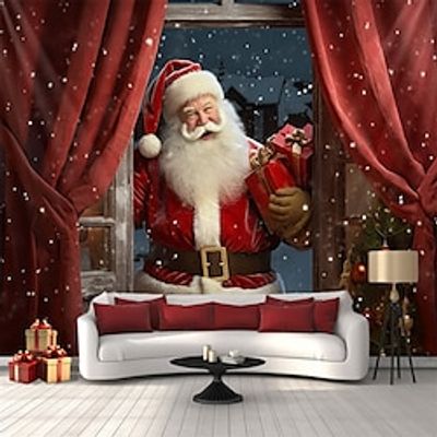 Christmas Santa Window Curtain Hanging Tapestry Wall Art Xmas Large Tapestry Mural Decor Photograph Backdrop Blanket Curtain Home Bedroom Living Room Decoration Lightinthebox