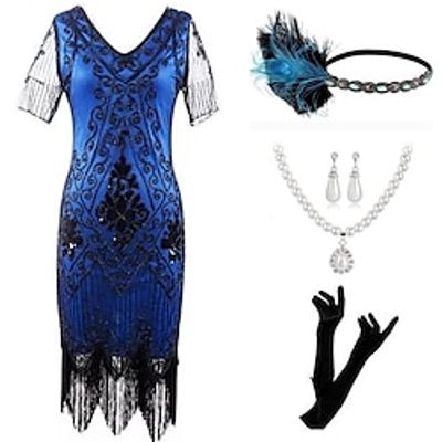 Retro Vintage Roaring 20s 1920s Flapper Dress Outfits Accessories Set The Great Gatsby Women's Sequins Tassel Fringe Cosplay Costume Halloween Carnival Party / Evening Party / Cocktail Dress miniinthebox
