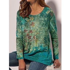 Women's T shirt Tee Green Blue Gray Floral Print Long Sleeve Daily Weekend Basic Round Neck Regular Floral Painting S / 3D Print miniinthebox