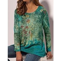 Women's T shirt Tee Green Blue Gray Floral Print Long Sleeve Daily Weekend Basic Round Neck Regular Floral Painting S / 3D Print miniinthebox - thumbnail