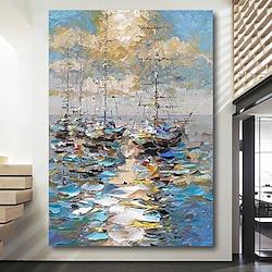 Oil Painting Handmade Hand Painted Wall Art Modern Pallet-knife Blue Sea Seascape Sailboats Home Decoration Decor Rolled Canvas No Frame Unstretched Lightinthebox