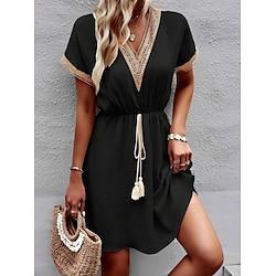 Women's Black Dress Mini Dress Tassel Fringe Lace Streetwear Casual V Neck Short Sleeve Black Color Lightinthebox