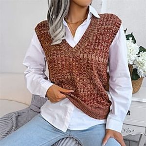 Women's Sweater Vest Jumper Crochet Knit Knitted Pure Color V Neck Stylish Casual Home Daily Winter Fall Blue Orange S M L / Sleeveless / Sleeveless / Holiday / Regular Fit miniinthebox