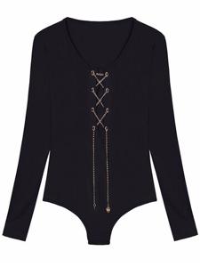 Metal Chain Lace Up Long Sleeve Sexy Women Short Jumpsuit