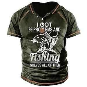 Men's Unisex T shirt Tee 3D Print Graphic Prints Fish Hooded Street Daily Button-Down Print Short Sleeve Tops Designer Casual Big and Tall Sports Black Army Green Navy Blue  Summer Lightinthebox