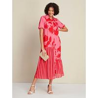 ChiffonSatin Rose Red Floral Stripe Asymetric Hem Short Sleeve Maxi Dress
