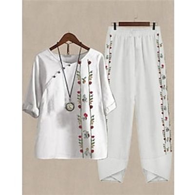 Women's Shirt Pants Sets Pants Trousers Streetwear White Blue Holiday Weekend Floral Print Round Neck S M L XL 2XL Lightinthebox