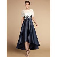 A-Line Mother of the Bride Dress Elegant High Low Tea Length Satin Lace Short Sleeve with Appliques Color Block 2024 Lightinthebox