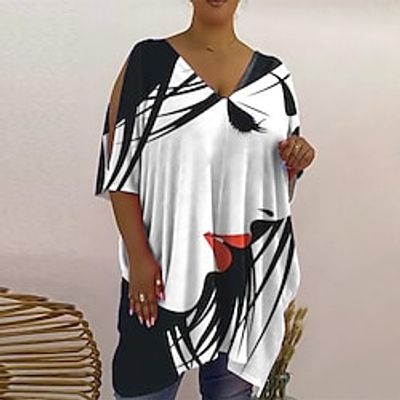 Women's Plus Size Tops T shirt Tee Color Gradient Butterfly Cut Out Print Half Sleeve V Neck Exaggerated Festival Daily Vacation Cotton Spandex Jersey Fall Winter White Purple miniinthebox