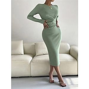 Women's Party Dress Cocktail Dress Wedding Guest Dress Midi Dress Light Green Long Sleeve Pure Color Ruched Spring Fall Winter Cold Shoulder Fashion Winter Dress Birthday Wedding Guest 2023 S M L XL Lightinthebox