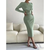 Women's Party Dress Cocktail Dress Wedding Guest Dress Midi Dress Light Green Long Sleeve Pure Color Ruched Spring Fall Winter Cold Shoulder Fashion Winter Dress Birthday Wedding Guest 2023 S M L XL Lightinthebox - thumbnail