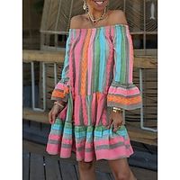 Women's Casual Dress Sundress Print Dress Geometric Stripe Ruched Print Off Shoulder Mini Dress Fashion Streetwear Outdoor Daily Long Sleeve Loose Fit Pink Orange Summer Spring S M L XL XXL Lightinthebox