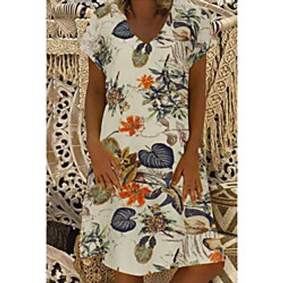 Women's Swing Dress Knee Length Dress White Short Sleeve Print Solid Color Tie Dye Print Summer V Neck Casual 2021 S M L XL XXL miniinthebox