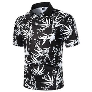 Men's Golf Shirt Dress Shirt Casual Shirt Shirt Print Floral Holiday Button Down Collar Casual Daily Color Block Print Short Sleeve Tops Simple Color Block Classic Tropical Black miniinthebox