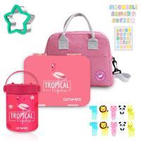 Eazy Kids 6 - 4 Compartment Bento Lunch Box With Lunch Bag And Steel Food Jar Tropical - Pink