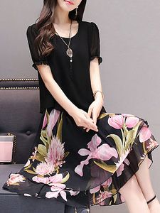 Round Neck Floral Printed Chiffon Skater Dress