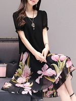 Round Neck Floral Printed Chiffon Skater Dress - thumbnail