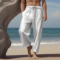 Men's Linen Pants Trousers Summer Pants Pocket Elastic Waist Straight Leg Plain Comfort Breathable Casual Daily Holiday Fashion Classic Style White 1 Lightinthebox