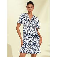 Navy Print Tie Knot V Neck Satin Mini Dress