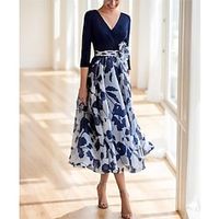 A-Line Mother of the Bride Dress Formal Wedding Guest Elegant Scoop Neck V Neck Ankle Length Chiffon Sequined Stretch Fabric 34 Length Sleeve with Flower 2024 Lightinthebox - thumbnail