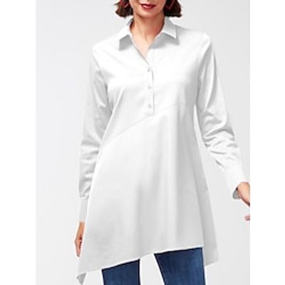 Women's Shirt Cotton Plain White Button Long Sleeve Casual Going out Basic Modern Shirt Collar Regular Fit Spring   Fall Lightinthebox
