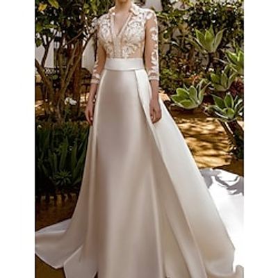 Formal Wedding Dresses A-Line V Neck 34 Length Sleeve Court Train Satin Bridal Gowns With Pleats Solid Color 2023 Lightinthebox